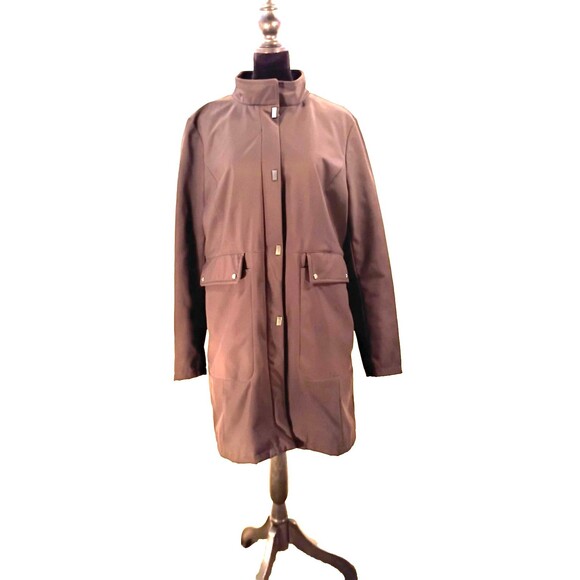 Black Car Coat Mid Length Size L Zip Snap Stand Up Mandarin Collar Lined Pockets - Picture 2 of 16